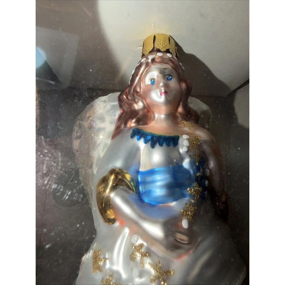 Vtg Brass Key Christmas Treasures Glass Angel Ornament Blue Gown Classic 2000